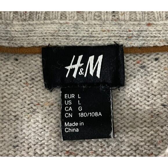 H&M Men's Large Knit Sweater Beige Elbow Patches Cotton Wool Blend - Picture 3 of 10